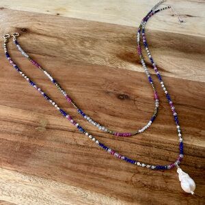 Natural Muli Colored Gemstone Beaded Necklace, Baroque Pearl Pendant